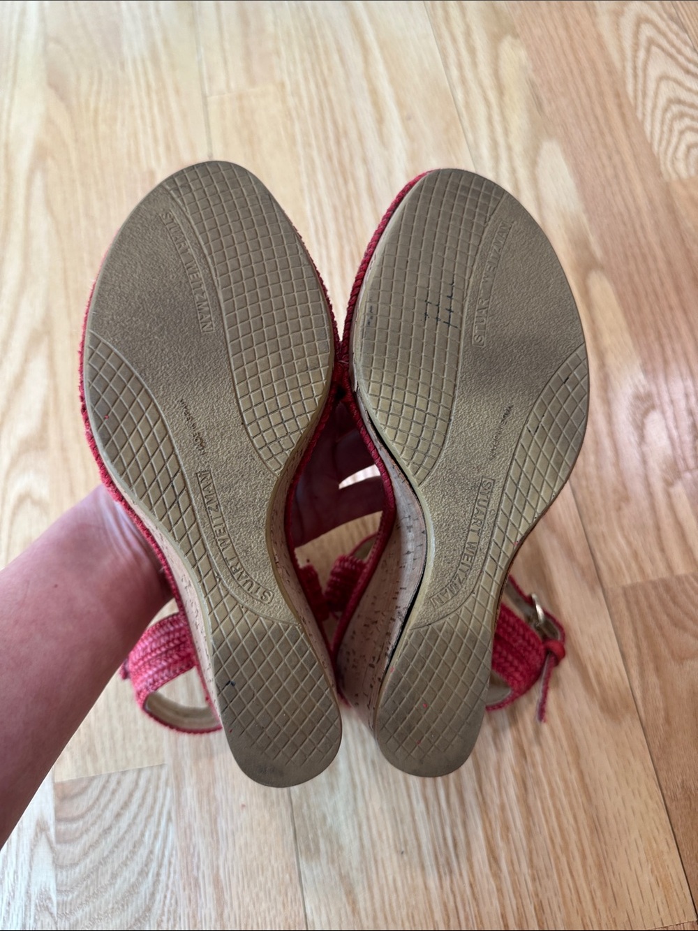 Stuart Weitzman Red Woven Cork Wedge Sandals - Picture 8 of 9